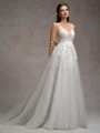 A-line V-neck Appliques Lace Chapel Train Tulle Wedding Dress