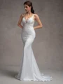 Sheath V-neck Appliques Lace Sweep Train Charmeuse Wedding Dress