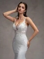 Sheath V-neck Appliques Lace Sweep Train Charmeuse Wedding Dress