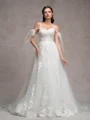 A-line Cold Shoulder Appliques Lace Chapel Train Tulle Wedding Dress
