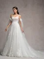A-line Cold Shoulder Appliques Lace Chapel Train Tulle Wedding Dress