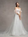 A-line Cold Shoulder Appliques Lace Chapel Train Tulle Wedding Dress