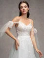 A-line Cold Shoulder Appliques Lace Chapel Train Tulle Wedding Dress