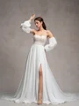 A-line Sweetheart Long Sleeves Appliques Lace Court Train Chiffon Corset Convertible Wedding Dress