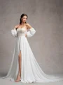 A-line Sweetheart Long Sleeves Appliques Lace Court Train Chiffon Corset Convertible Wedding Dress