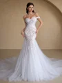 Mermaid Off-the-Shoulder Appliques Lace Cathedral Train Tulle Corset Wedding Dress