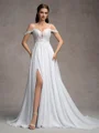 A-line Cold Shoulder Appliques Lace Sweep Train Charmeuse Wedding Dress