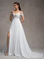 A-line Cold Shoulder Appliques Lace Sweep Train Charmeuse Wedding Dress