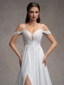 A-line Cold Shoulder Appliques Lace Sweep Train Charmeuse Wedding Dress