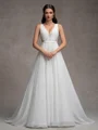 A-line V-neck Appliques Lace Sweep Train Chiffon Wedding Dress