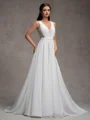 A-line V-neck Appliques Lace Sweep Train Chiffon Wedding Dress