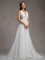 A-line V-neck Appliques Lace Sweep Train Chiffon Wedding Dress