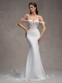 Sheath Off-the-Shoulder Appliques Lace Cathedral Train Stretch Crepe Corset Wedding Dress