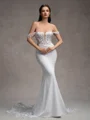 Sheath Off-the-Shoulder Appliques Lace Cathedral Train Stretch Crepe Corset Wedding Dress
