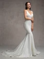 Sheath V-neck Court Train Stretch Crepe Wedding Dress