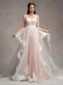 A-line Straps Appliques Lace Chapel Train Tulle Corset Wedding Dress