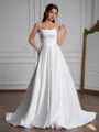 A-line Straight Pleated Sweep Train Satin Corset Wedding Dress