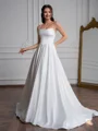 A-line Straight Pleated Sweep Train Satin Corset Wedding Dress