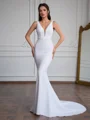 Sheath V-neck Court Train Stretch Crepe Wedding Dress