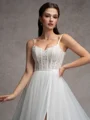 A-line Spaghetti Straps Appliques Lace Chapel Train Tulle Corset Wedding Dress