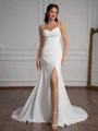 Sheath Spaghetti Straps Pleated Court Train Stretch Crepe Wedding Dress