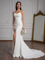Sheath Spaghetti Straps Pleated Court Train Stretch Crepe Wedding Dress