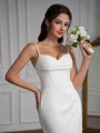 Sheath Spaghetti Straps Pleated Court Train Stretch Crepe Wedding Dress
