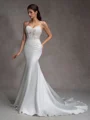 Mermaid Spaghetti Straps Appliques Lace Chapel Train Satin Corset Wedding Dress