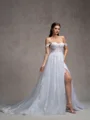 A-line Off-the-Shoulder Appliques Lace Cathedral Train Tulle Corset Wedding Dress