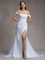 Sheath Off-the-Shoulder Pleated Court Train Charmeuse Wedding Dress