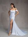 Sheath Off-the-Shoulder Pleated Court Train Charmeuse Wedding Dress