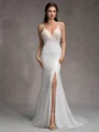 Sheath V-neck Beading Court Train Wedding Dress