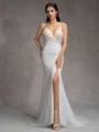 Sheath V-neck Beading Court Train Wedding Dress