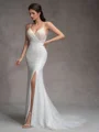 Sheath V-neck Beading Court Train Wedding Dress