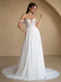 A-line Off-the-Shoulder Appliques Lace Court Train Chiffon Wedding Dress