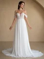 A-line Off-the-Shoulder Appliques Lace Court Train Chiffon Wedding Dress