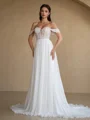 A-line Off-the-Shoulder Appliques Lace Court Train Chiffon Wedding Dress