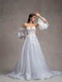 A-line Sweetheart Long Sleeves Appliques Lace Chapel Train Tulle Corset Convertible Wedding Dress
