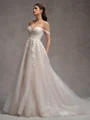 A-line Off-the-Shoulder Appliques Lace Cathedral Train Tulle Wedding Dress