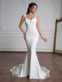Sheath V-neck Appliques Lace Chapel Train Stretch Crepe Wedding Dress