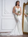 Sheath V-neck Appliques Lace Chapel Train Stretch Crepe Wedding Dress