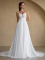 A-line V-neck Appliques Lace Cathedral Train Chiffon Wedding Dress