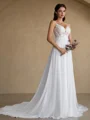 A-line V-neck Appliques Lace Cathedral Train Chiffon Wedding Dress
