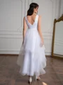 A-line V-neck Pleated Asymmetrical Tulle Wedding Dress