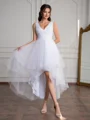 A-line V-neck Pleated Asymmetrical Tulle Wedding Dress