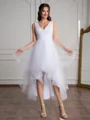 A-line V-neck Pleated Asymmetrical Tulle Wedding Dress