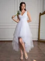 A-line V-neck Pleated Asymmetrical Tulle Wedding Dress