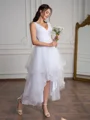A-line V-neck Pleated Asymmetrical Tulle Wedding Dress
