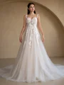 A-Line/Princess Tulle Applique Off-the-Shoulder Sleeveless Chapel Train Wedding Dresses