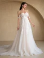 A-Line/Princess Tulle Applique Off-the-Shoulder Sleeveless Chapel Train Wedding Dresses